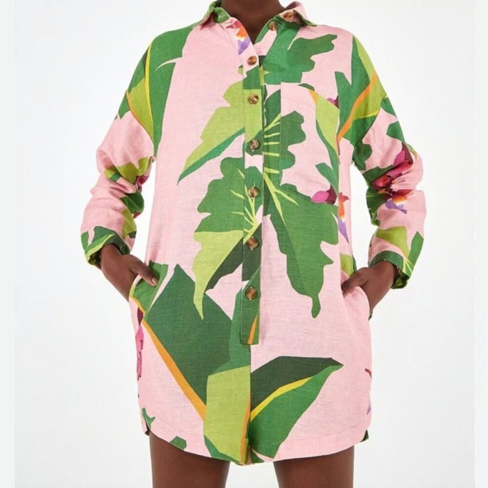 FARM Rio Size Small Linen Pink & Green Tropical Leaf Print Romper